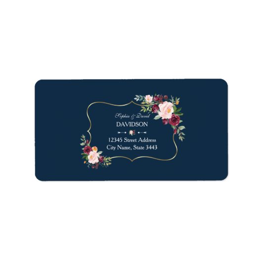 Glam Gold Burgundy Blush Floral Navy Blue Wedding Etiket (Voorkant)