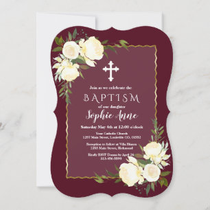 Glam Gold Burgundy White Floral Baptism Invite Kaart