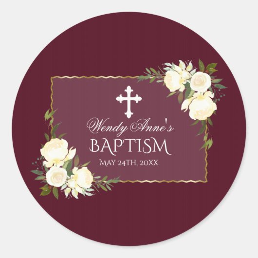 Glam Gold Burgundy White Floral Baptism Invite Ronde Sticker (Voorkant)