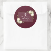 Glam Gold Burgundy White Floral Baptism Invite Ronde Sticker (Tas)