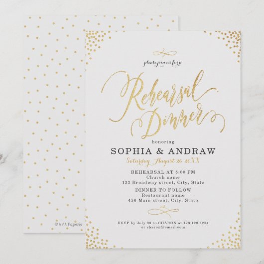 Glam gold calligraphy Rehearsal Dinner Kaart (Voorkant / Achterkant)