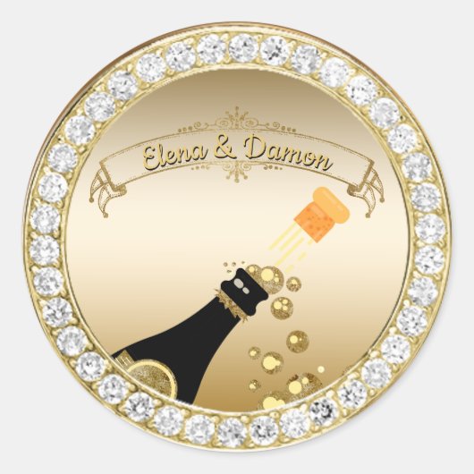 Glam Gold Champagne & Diamonds Verlovingsfeest Ronde Sticker (Voorkant)