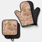 Glam Gold Chic Pink Peacock Ovenwant & Pannenlap Set (Voorkant / Achterkant)