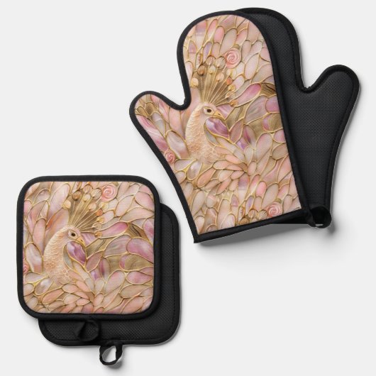 Glam Gold Chic Pink Peacock Ovenwant & Pannenlap Set (Voorkant / Achterkant)