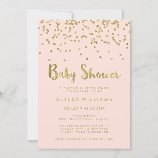Glam Gold Confetti Baby shower op Blush Pink Kaart (Voorkant)
