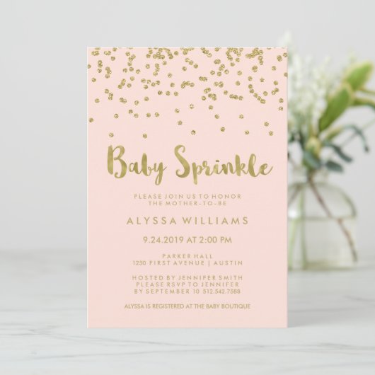 Glam Gold Confetti Baby Sprinkle op Blush Pink Kaart (Staand voorkant)