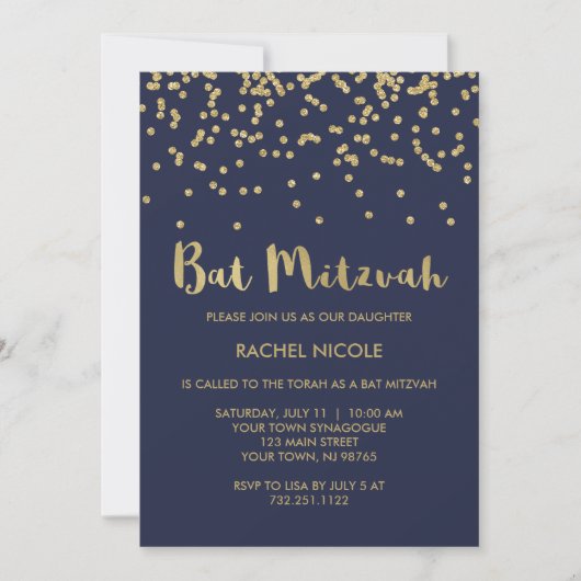 Glam Gold Confetti Bat Mitzvah in Midnight Blue Kaart (Voorkant)