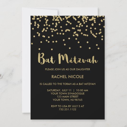 Glam Gold Confetti Bat Mitzvah op Black Kaart (Voorkant)