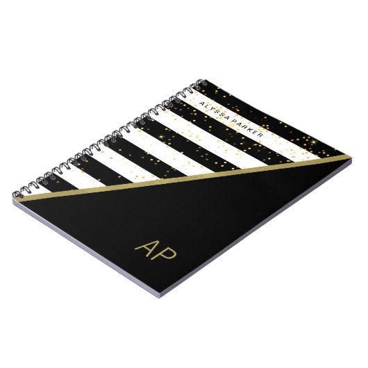 Glam Gold Confetti en zwarte en witte strepen Notitieboek (Linkerzijde)