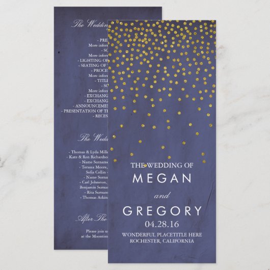 Glam  Gold Confetti Navy bruiloft programma's (Voorkant / Achterkant)