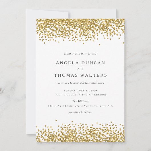 Glam Gold Confetti Stippen bruiloft uitnodiging (Voorkant)