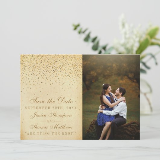  Glam Gold Confetti trouwfoto Save The Date (Staand voorkant)