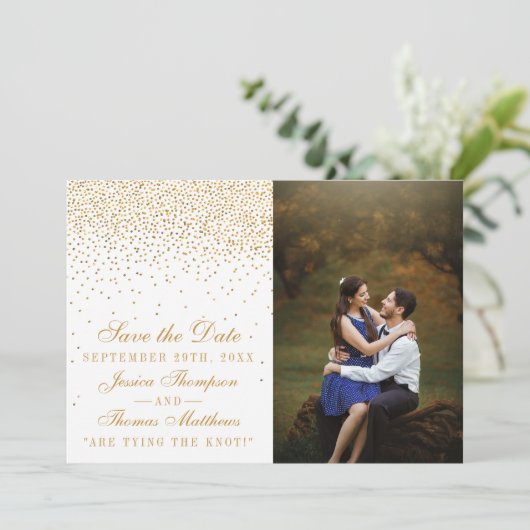  Glam Gold Confetti trouwfoto Save The Date (Staand voorkant)