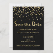 Glam Gold Confetti Wedding Save the Date on Black (Voorkant)
