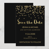 Glam Gold Confetti Wedding Save the Date on Black (Voorkant / Achterkant)
