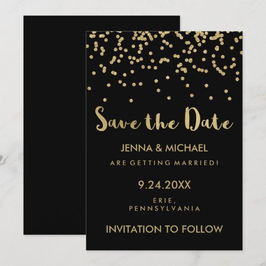 Glam Gold Confetti Wedding Save the Date on Black (Voorkant / Achterkant)