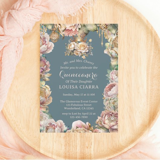 Glam Gold Crown Diamond Flowers Quinceanera Kaart