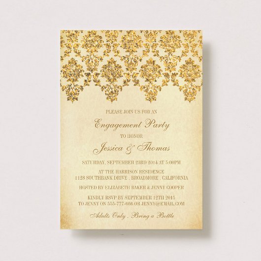 Glam Gold Damask Engagement Party Kaart