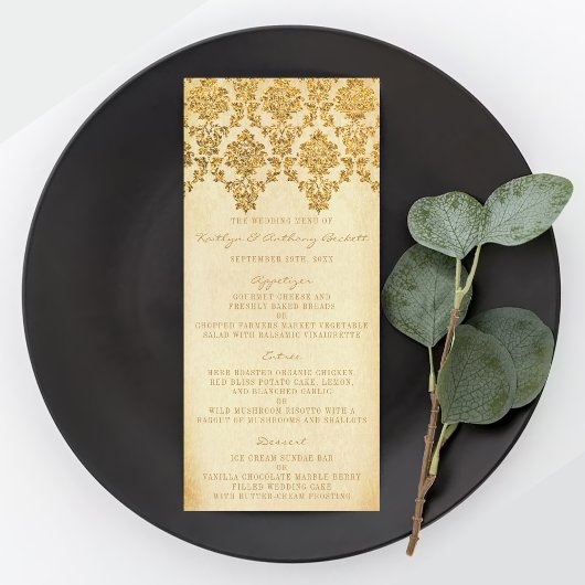  Glam Gold Damask Wedding Memu Reclamekaart