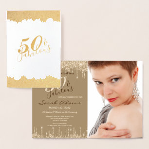 Glam Gold Drips 50 & Fab Birthday Party Real Invit Folie Kaarten