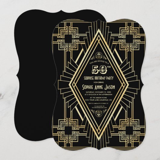 Glam Gold en Black Great Gatsby 50-jarig feest Kaart (Voorkant / Achterkant)