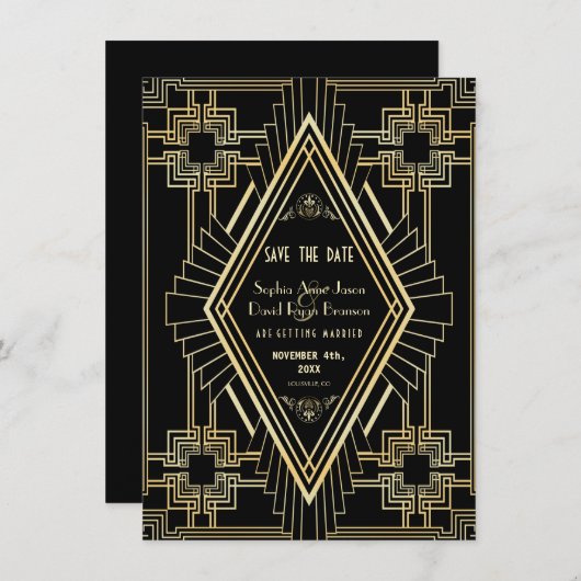 Glam Gold en Black Great Gatsby sparen de datum Save The Date (Voorkant / Achterkant)