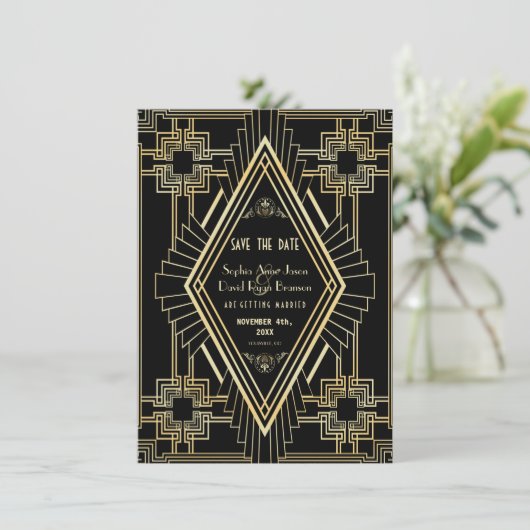Glam Gold en Black Great Gatsby sparen de datum Save The Date (Staand voorkant)