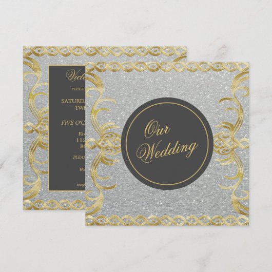 Glam Gold en Silver Wedding Invitation Kaart (Voorkant / Achterkant)
