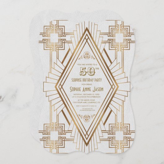 Glam Gold en White Great Gatsby 50-jarig feest Kaart (Voorkant / Achterkant)