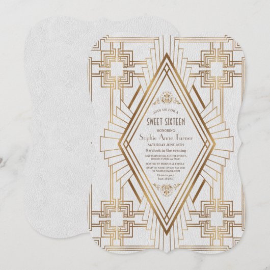 Glam Gold en White Great Gatsby Sweet 16 Kaart (Voorkant / Achterkant)