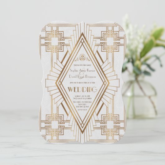 Glam Gold en White Great Gatsby Wedding Kaart (Staand voorkant)