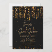 Glam Gold Falling Stars Sweet 16 Party Kaart (Voorkant)