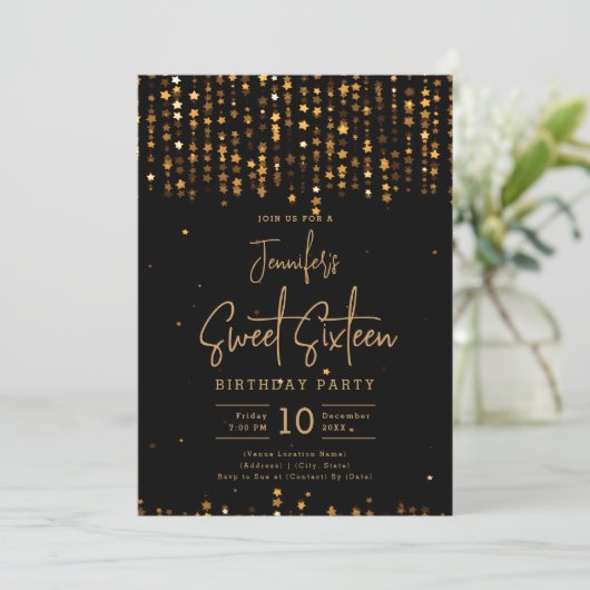 Glam Gold Falling Stars Sweet 16 Party Kaart (Staand voorkant)