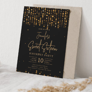 Glam Gold Falling Stars Sweet 16 Party Kaart