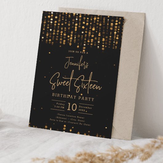 Glam Gold Falling Stars Sweet 16 Party Kaart