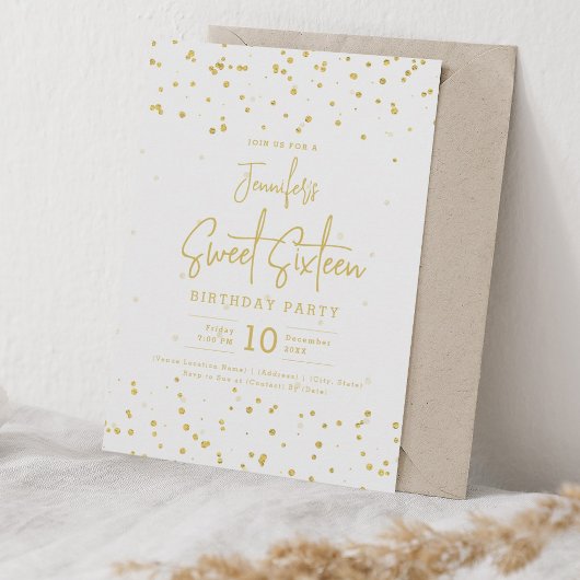 Glam Gold Faux Folie Stippen Sweet 16 Party Kaart