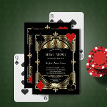 Glam Gold Fleur-de-lis Gatsby Style Vrijgezellenfe Kaart<br><div class="desc">Royal, Elegant, kaartontwerp met een Great Gatsby-stijl, Roaring 1920's oude Hollywood Art Deco-stijl vorm, royal faux gold fleur-de-lis, paar dobbelstenen, speelkaartpakken (simulerende speelkaarten), op zwarte achtergrond, lettertypen; op de achterkant prachtig Art Deco-patroon op zwart. Gebruik de tool Personaliseren om uw gegevens toe te voegen. Voor meer informatie, bezoek alstublieft mijn...</div>
