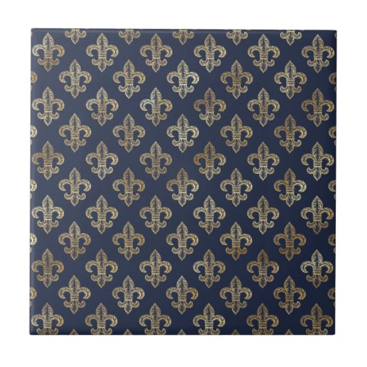 Glam Gold Fleur de Lis Navy Blauw Tegeltje (Voorkant)