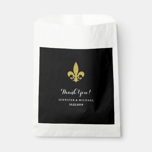 Glam Gold Fleur de Lis voor bruiloft op zwart Bedankzakje (Voorkant)