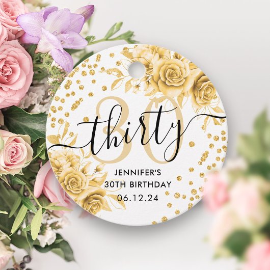 Glam Gold Floral Glitter 30e verjaardag Script Bedankjes Labels