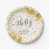 Glam Gold Floral Glitter 30e verjaardag Script Papieren Bordje (Voorkant)