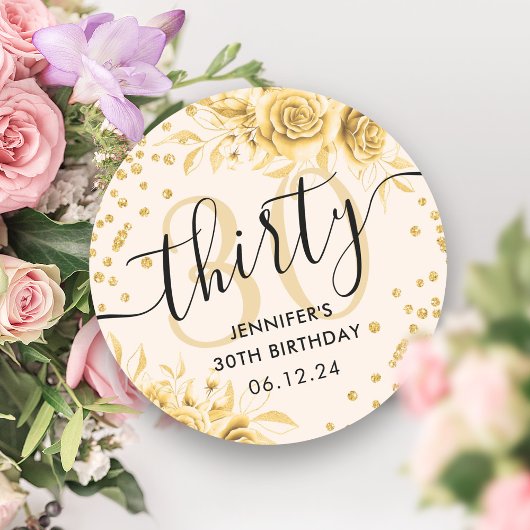 Glam Gold Floral Glitter 30e verjaardag Script Ronde Sticker