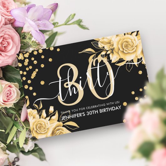 Glam Gold Floral Glitter 30e verjaardag Zwart Bedankkaart