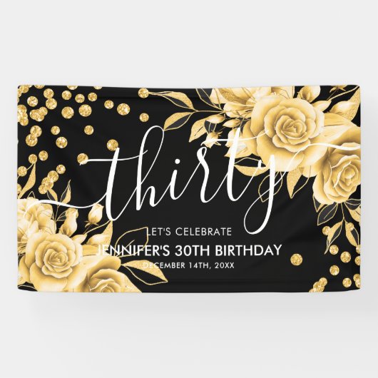 Glam Gold Floral Glitter 30e verjaardag Zwart Spandoek (Horizontaal)