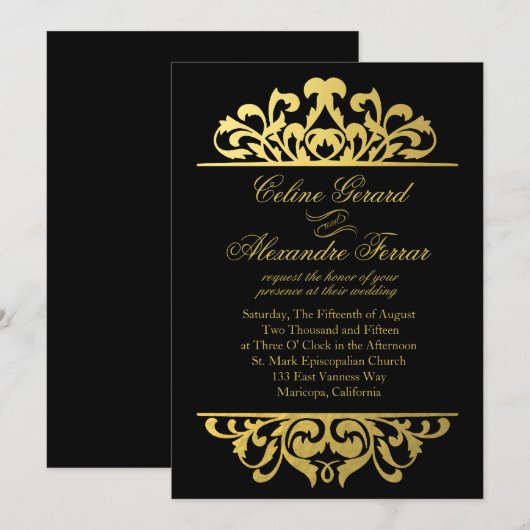 Glam Gold Foil Bloeiende bruiloft | zwartgoud Kaart (Voorkant / Achterkant)