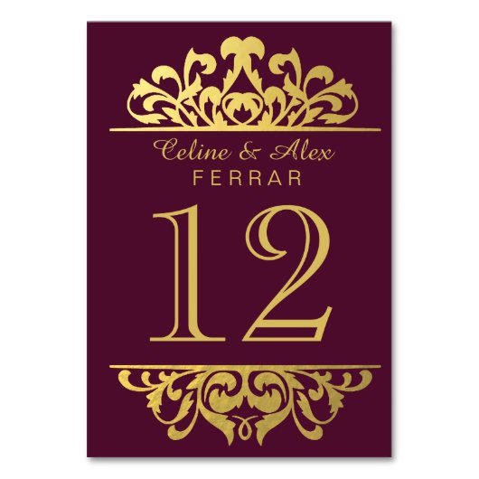 Glam Gold Foil Flourish Tafelnummers | aubergine (Voorkant)