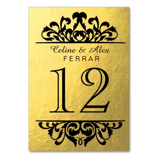 Glam Gold Foil Flourish Tafelnummers | goudzwart (Voorkant)