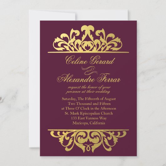 Glam Gold Foil Vlaams bruiloft | eggplant Kaart (Voorkant)