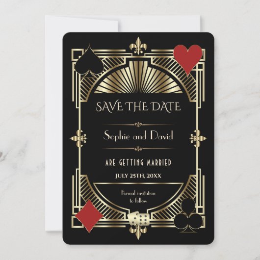 Glam Gold Gatsby Roaring 20s Wedding Save the Date Kaart (Voorkant)