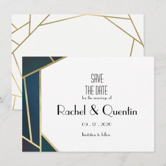 Glam Gold Geometrische Art Deco bruiloft Bewaar de Save The Date (Voorkant / Achterkant)
